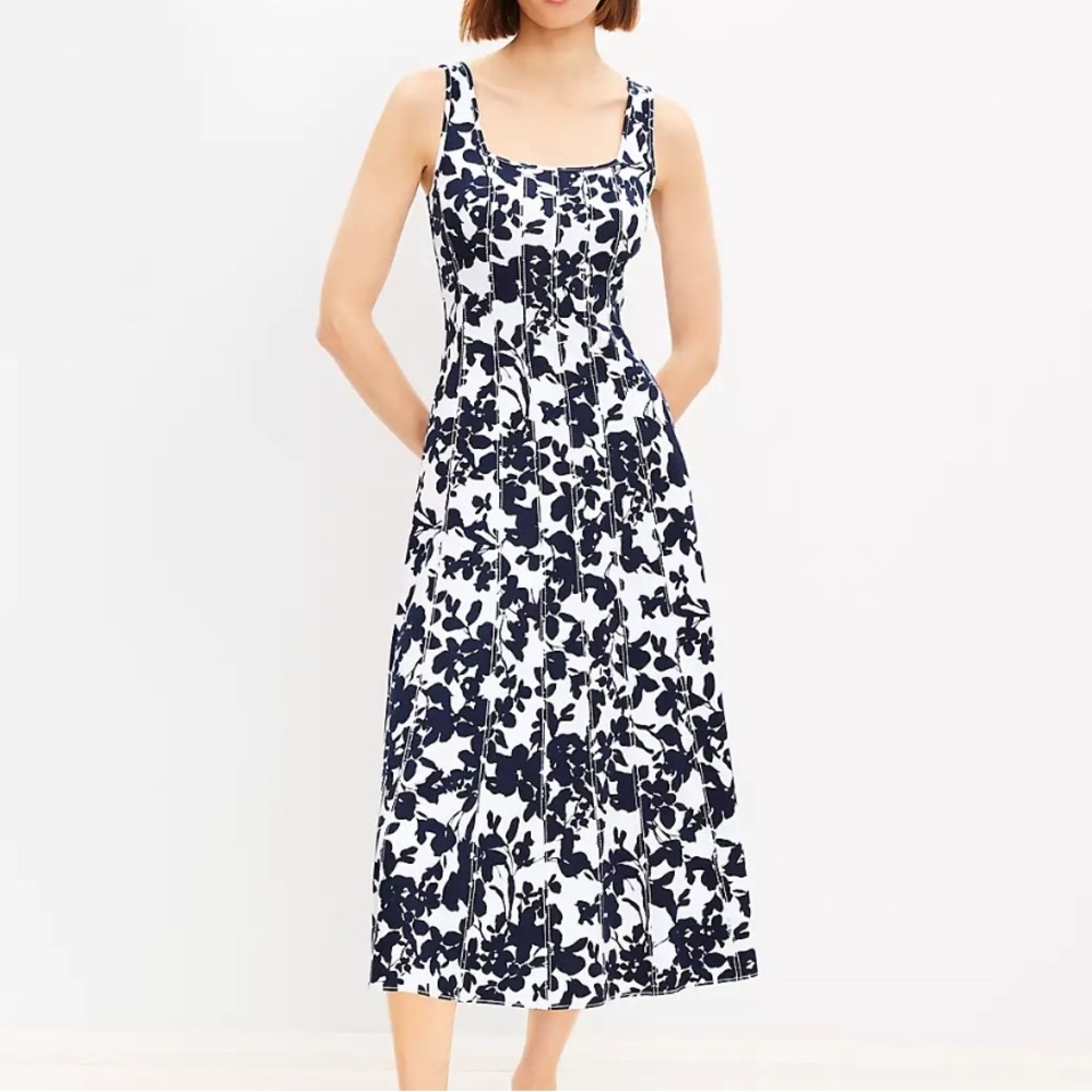🆕 Loft Dress Womens Size 0 Forget Me Not Ponte Seamed Flare Midi Navy Bl…